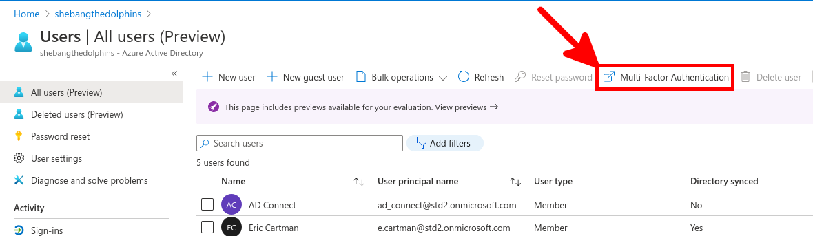 Azure Portal | Multi Factor authentication link
