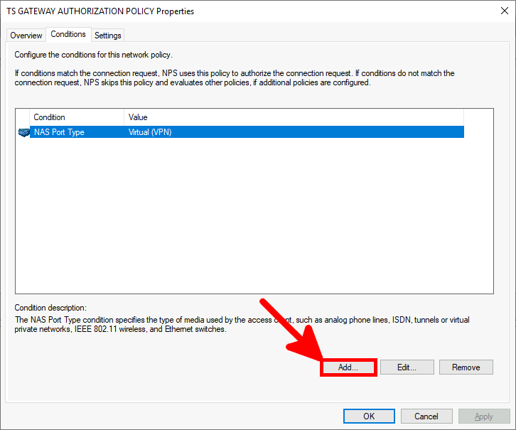 NPS Console | TS GATEWAY AUTHORIZATION POLICY, properties, Conditions