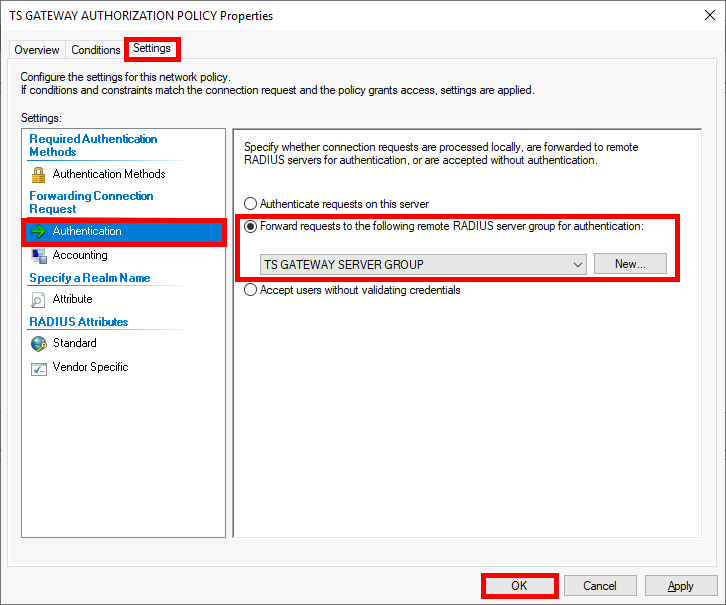 NPS Console | TS GATEWAY AUTHORIZATION POLICY, properties, Settings, authentication.