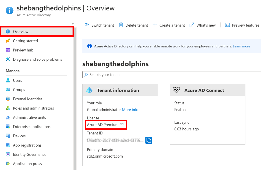 Azure Portal | Overview, Tenant information with Azure AD Premium P2 licence.