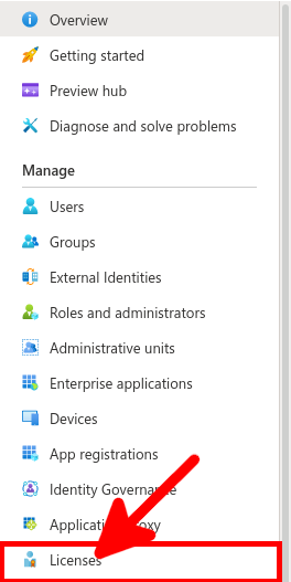Azure Portal | licenses left pannel menu