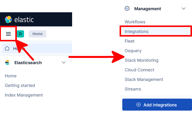 Kibana main menu showing the Management section and the Integrations entry