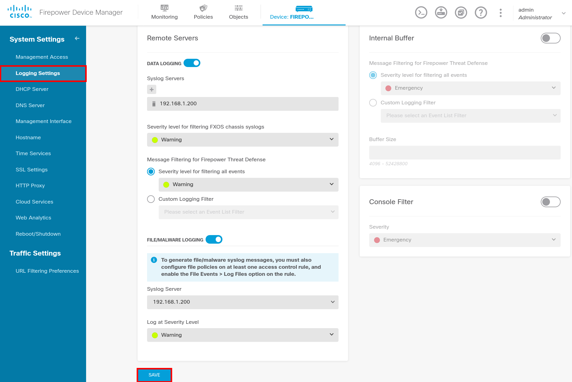 Cisco Firepower FTD Logging Settings page with syslog server, severity level and Save button