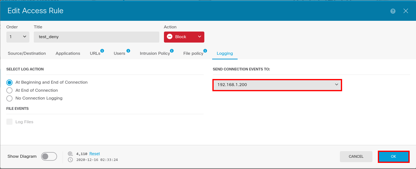 Cisco Firepower FTD access rule Logging tab showing connection logging and syslog server selection
