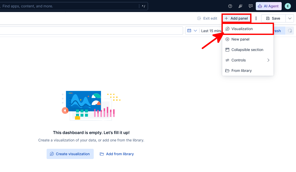 Kibana dashboard editor showing the Add panel menu and the Visualization option