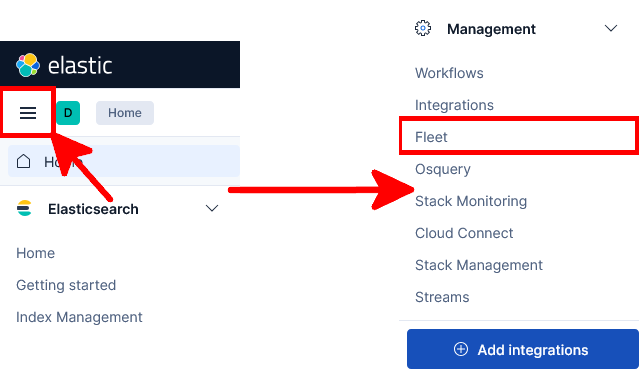 Kibana interface showing how to open the main menu and access Management Fleet
