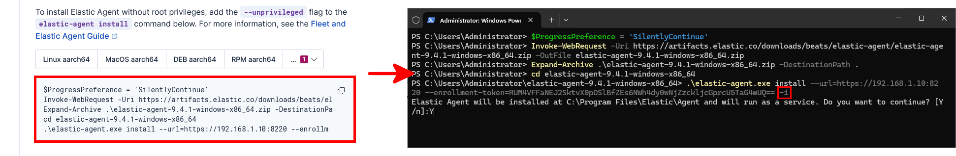 Kibana Fleet page showing the PowerShell commands used to install Elastic Agent on Windows, with the insecure TLS option added to the elastic-agent install command