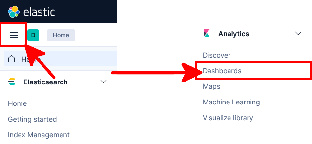Kibana interface showing how to open the main menu and access Analytics Dashboards