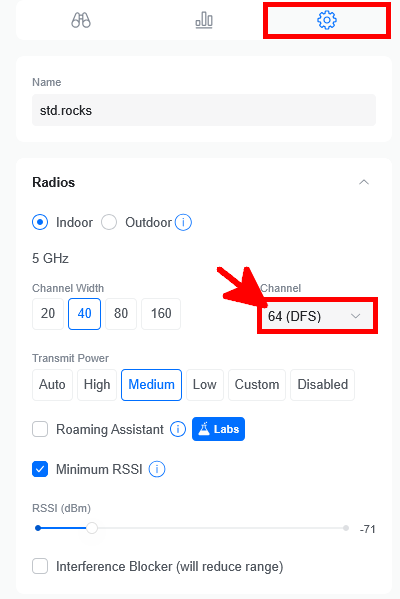 UniFi 5GHz WiFi settings with DFS channel 64 selected to reduce interference