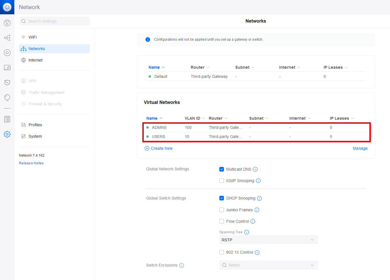 UniFi Network interface showing virtual network configuration with two VLANs: VLAN 100 named ADMINS and VLAN 10 named USERS, using a third-party gateway.