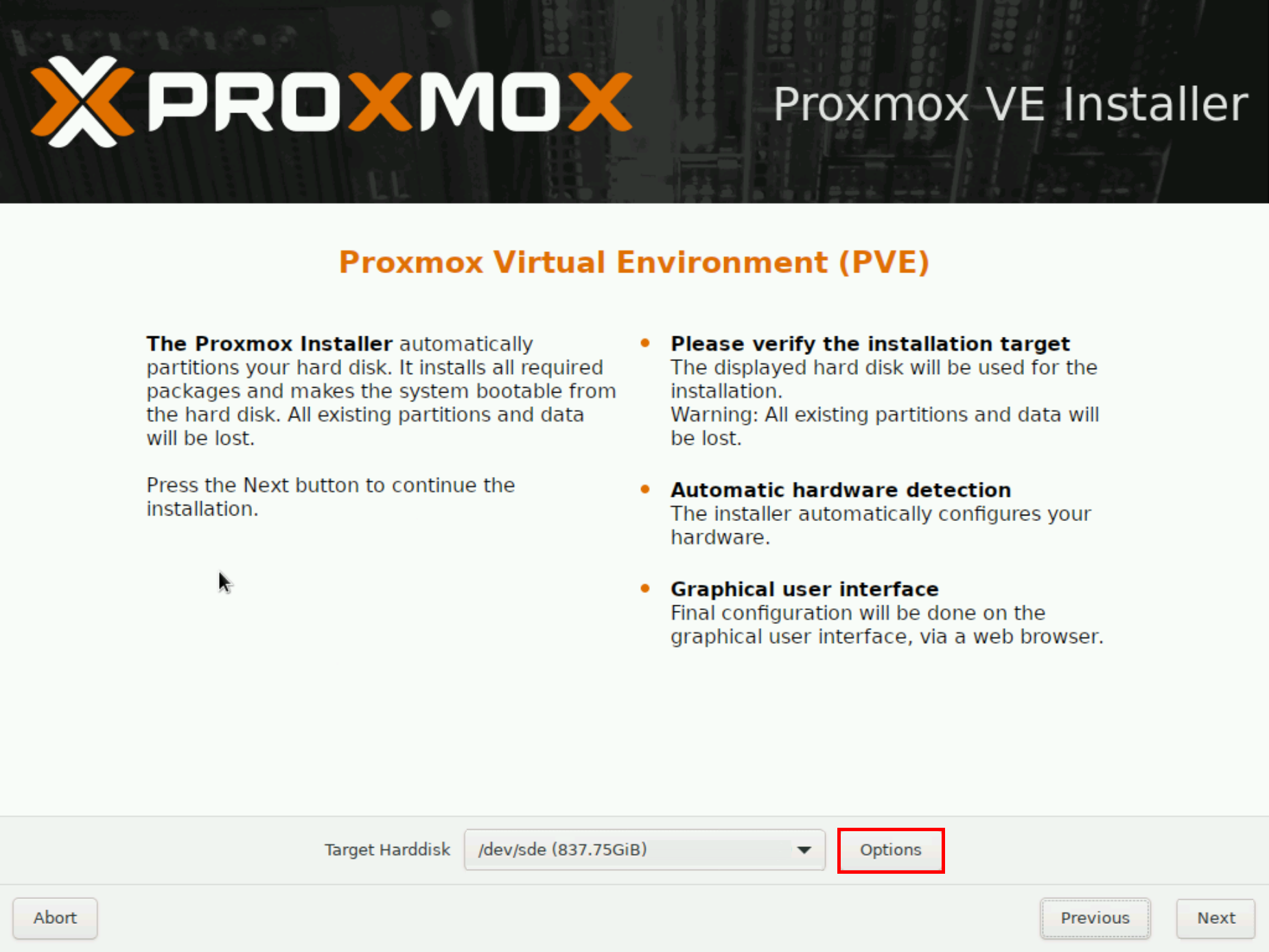 Proxmox VE installer screen showing disk selection with the 'Options' button highlighted for advanced configuration.