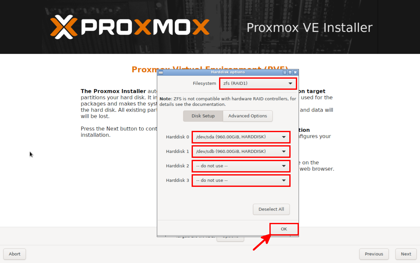 Proxmox VE installer screen showing the selection of ZFS RAID1 for disk setup with two hard disks chosen and other slots set to 'do not use'.