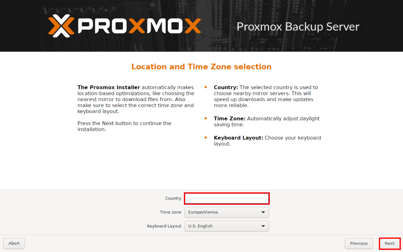 Set country, time zone and keyboard layout during Proxmox Backup Server installation