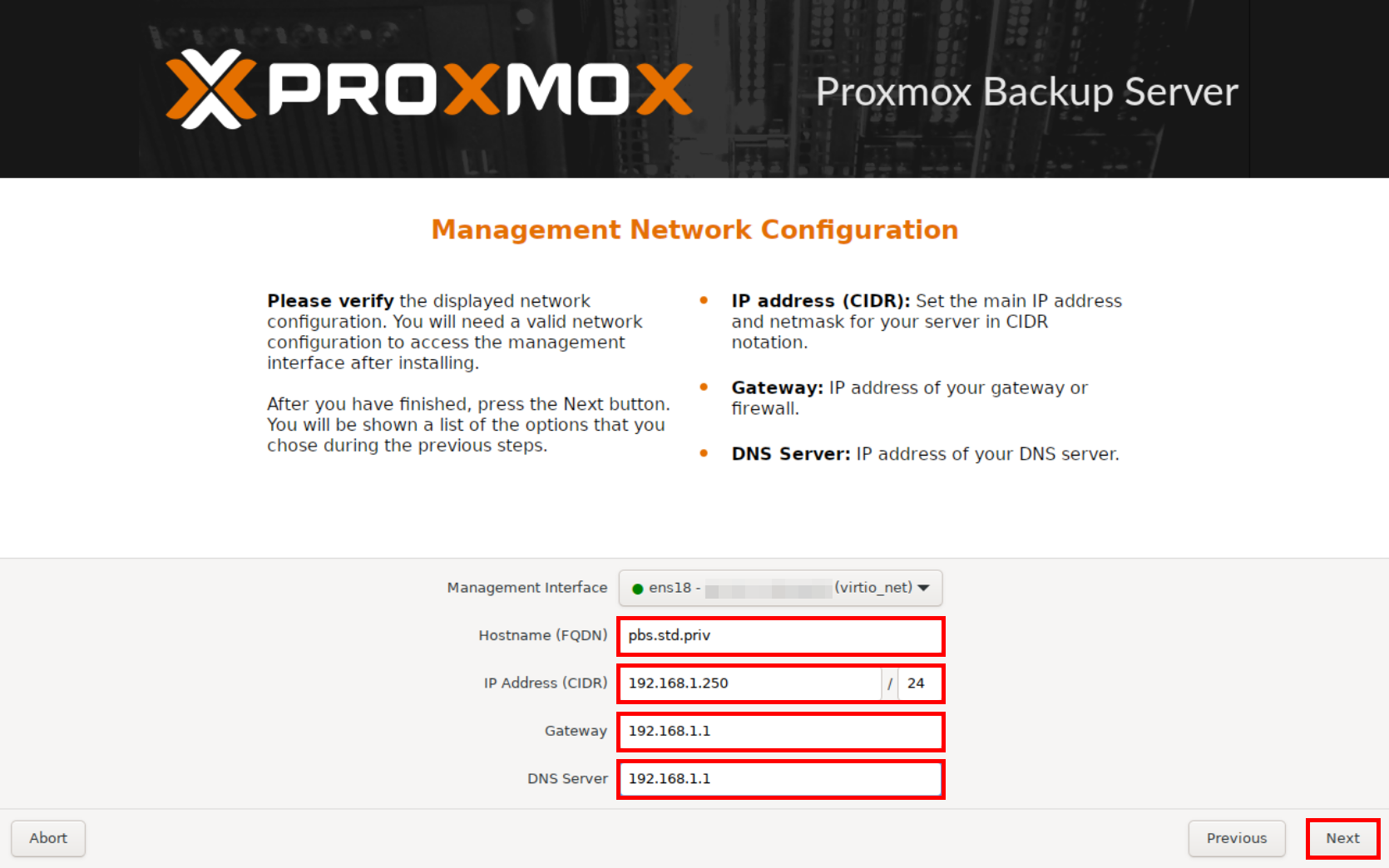 Network configuration step for Proxmox Backup Server installation