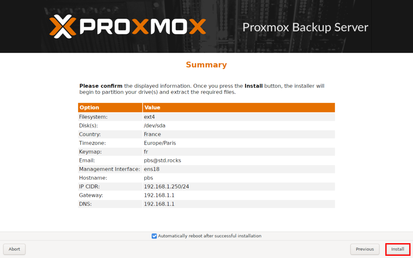 Installation summary screen for Proxmox Backup Server