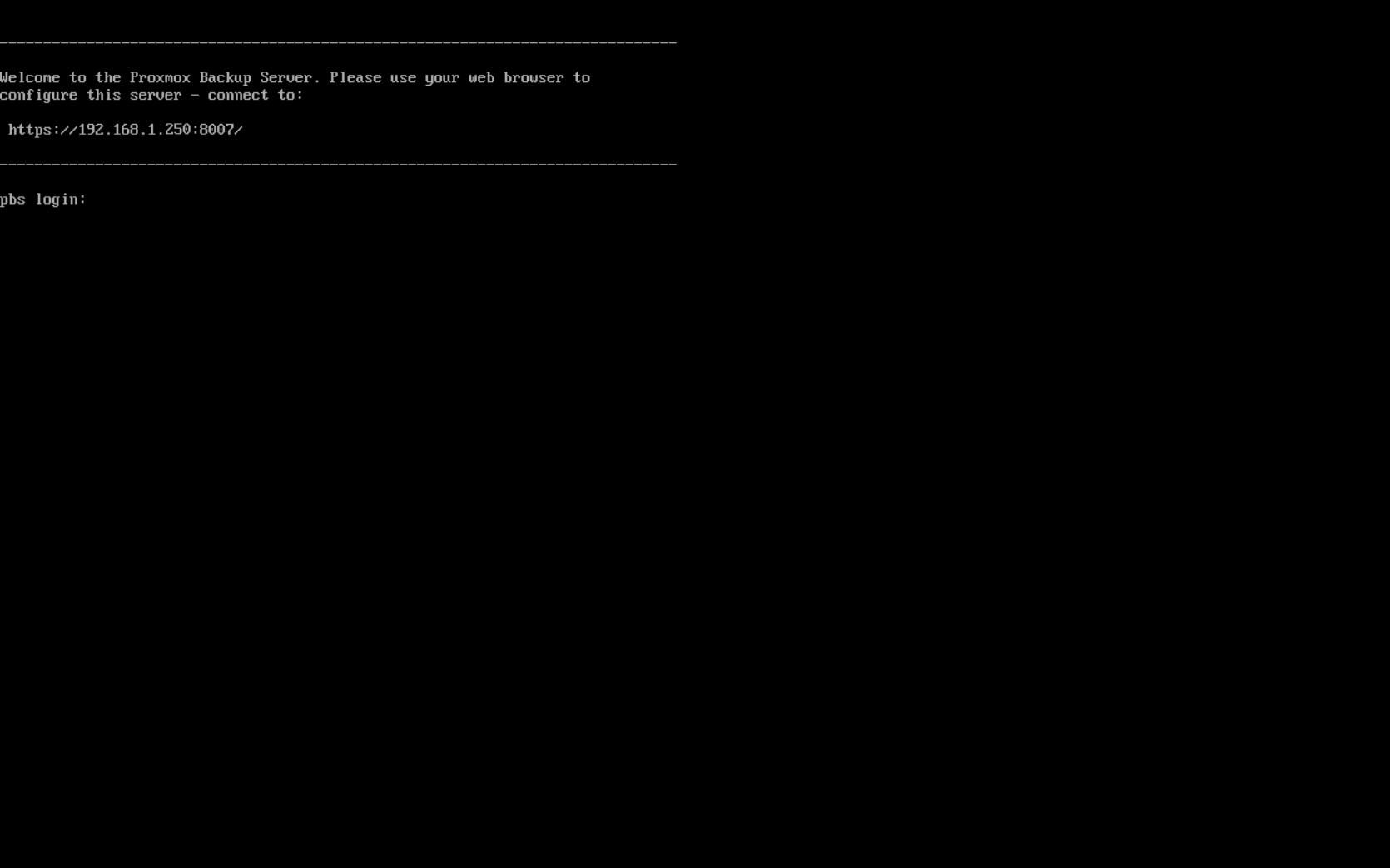 Proxmox Backup Server console with URL to web interface