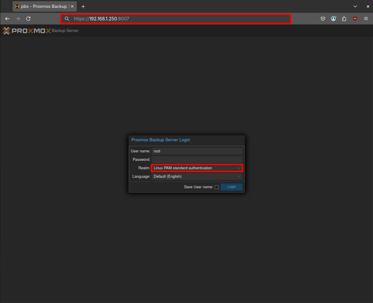 Web login screen of Proxmox Backup Server