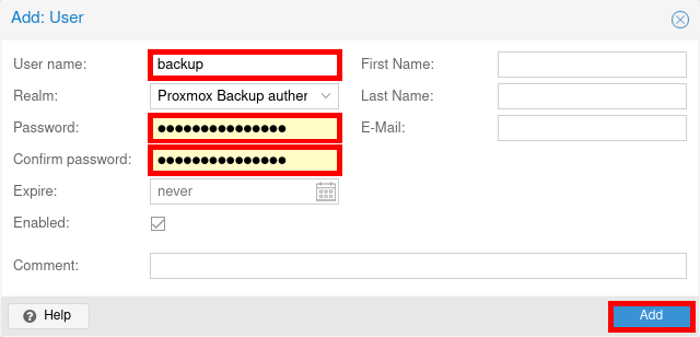 PBS user creation form with filled fields