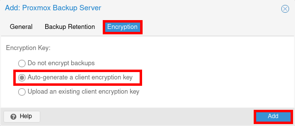 Select auto-generate encryption key option during PBS storage creation