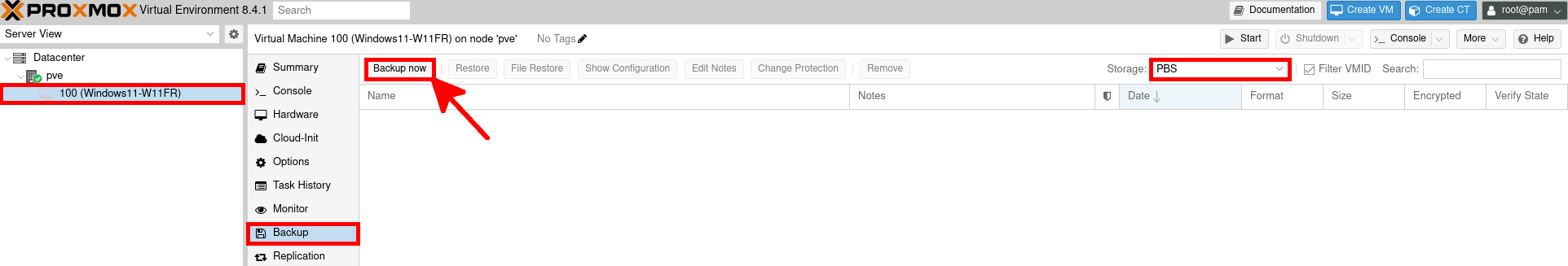 Manual backup of VM to PBS storage from Proxmox VE interface