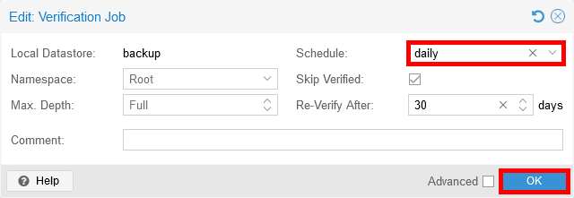 Edit window for a verification job in Proxmox Backup Server with a daily schedule and a 30-day re-verification interval