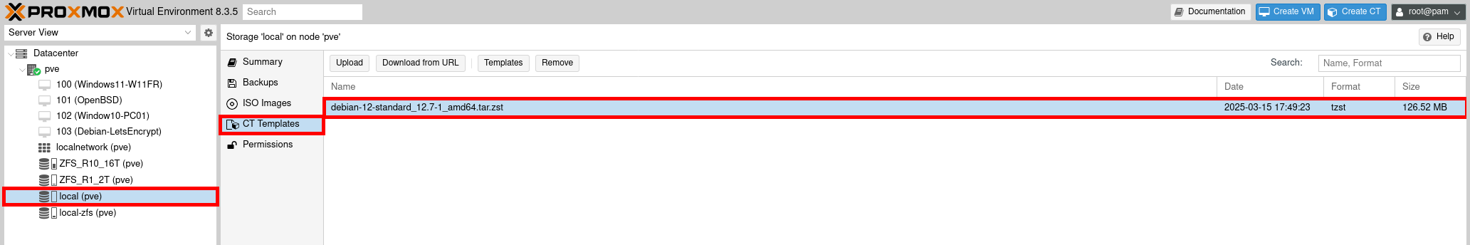 Proxmox VE interface displaying the downloaded Debian 12 Bookworm LXC container template stored in the 'local' storage under 'CT Templates'.