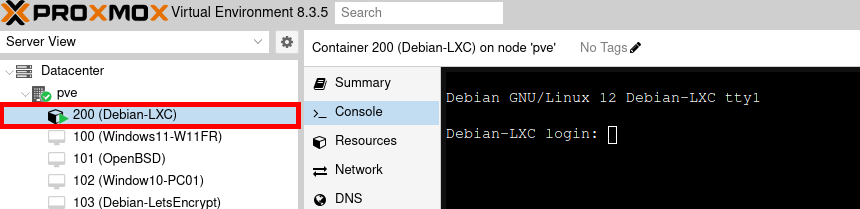Proxmox VE interface showing the Debian 12 LXC container successfully created and running. The console displays the login prompt for Debian-LXC on container ID 200.