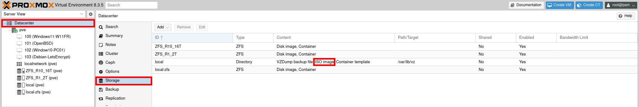 Proxmox VE interface showing the storage configuration under 'Datacenter' with available storage types, including ISO image and container template storage options.