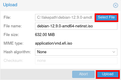 Proxmox VE interface showing the file upload window for importing an ISO image. The 'Select File' button is highlighted for choosing a file, and the 'Upload' button is highlighted to start the upload process.