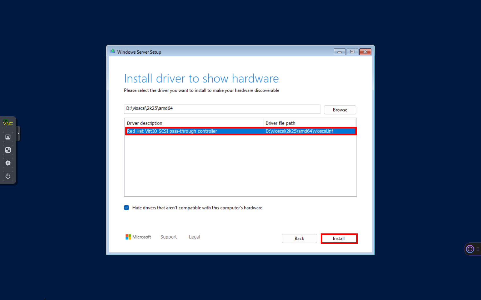 Windows Server installation screen in a Proxmox VM showing the selected 'Red Hat VirtIO SCSI pass-through controller' driver. The 'Install' button is highlighted to proceed with loading the VirtIO storage driver.