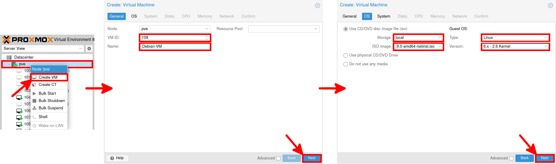 Proxmox VE interface showing the process of creating a Debian virtual machine. Steps include selecting 'Create VM', assigning a VM ID and name, choosing a Debian ISO image, and setting the guest OS type to Linux with a 6.x - 2.6 Kernel.