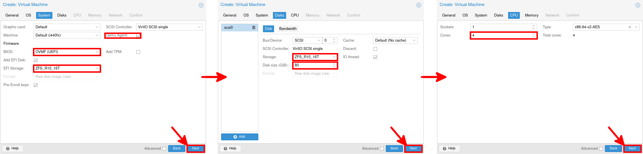 Proxmox VE interface showing system configuration steps for a Debian virtual machine. Includes enabling QEMU Agent, selecting OVMF (UEFI) firmware, setting EFI storage to ZFS, allocating an 80 GiB disk, and configuring CPU with 4 cores.