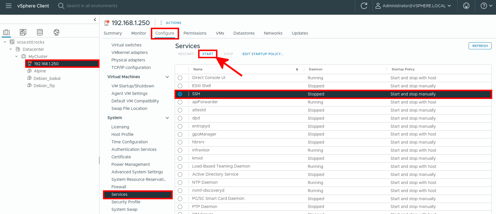 Enable SSH service on an ESXi host via the vSphere Client in the Configure > Services tab.