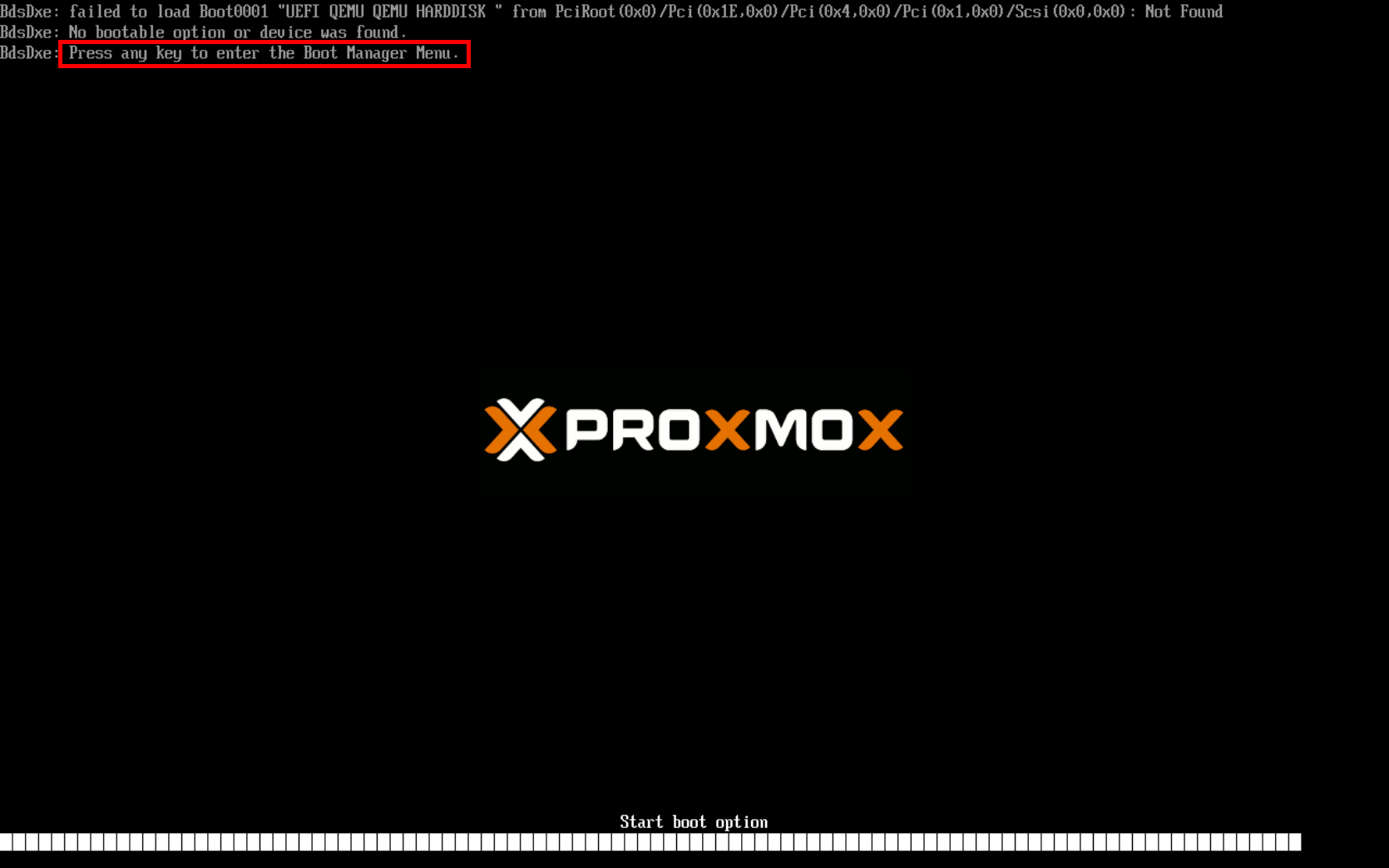 Failure to boot a UEFI VM on Proxmox, indicating that a key has been pressed to enter the Boot Manager Menu.