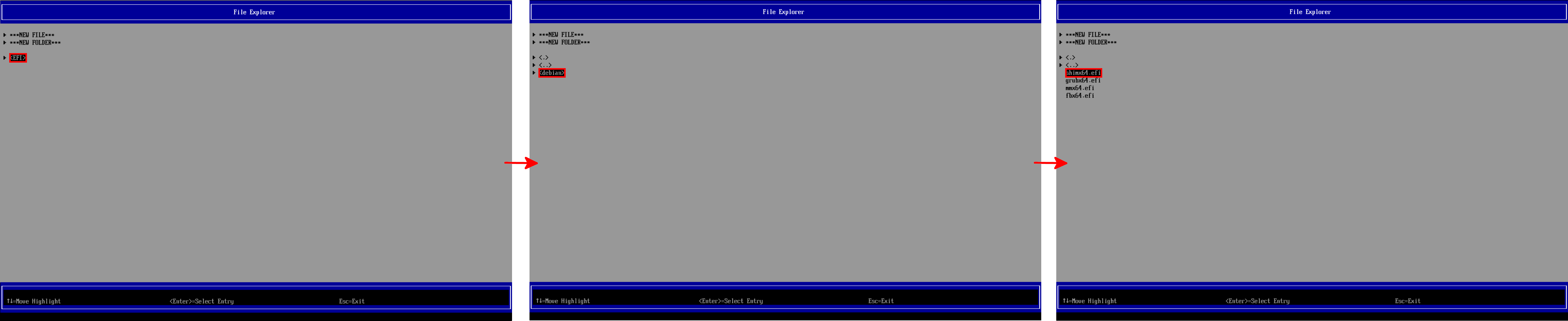 UEFI file explorer showing selection of the shimx64.efi file in the EFI/debian folder for booting Debian on Proxmox.