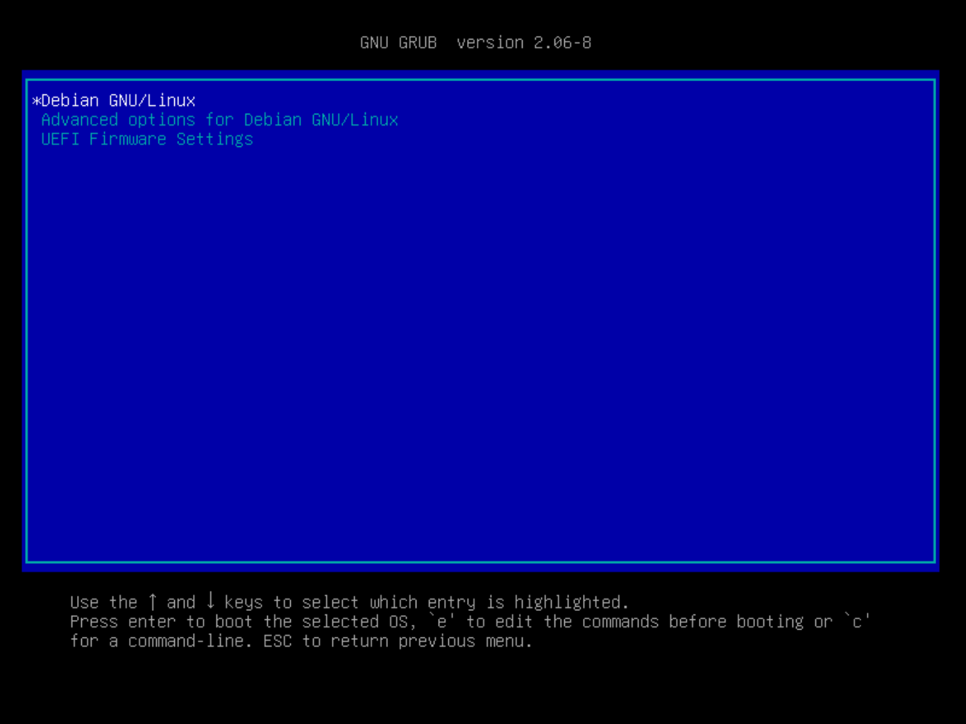GRUB boot menu displaying Debian GNU/Linux after manual addition of the EFI entry via efibootmgr on Proxmox.