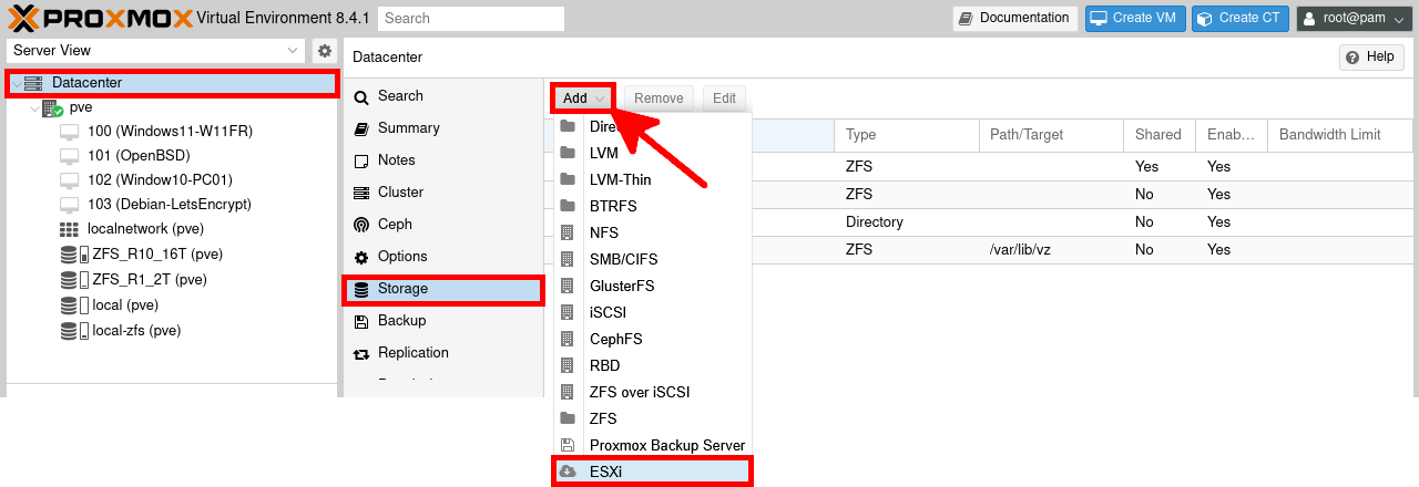 Proxmox VE interface showing how to add an ESXi storage target via Datacenter > Storage > Add > ESXi.