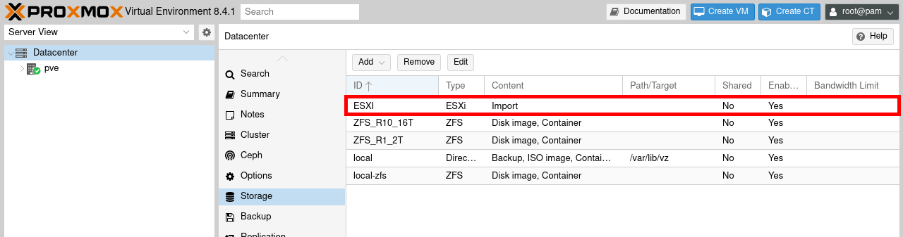 Proxmox VE Storage view showing the ESXi storage successfully added and listed among other local and ZFS storage options..