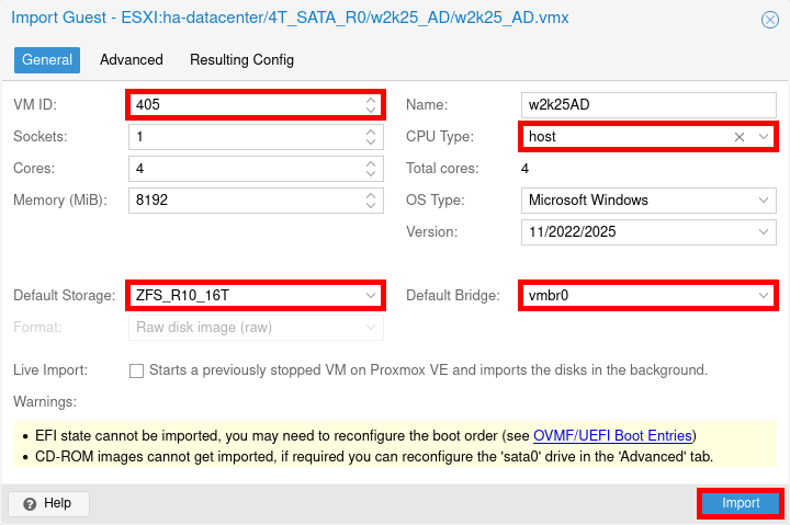 Import Guest form in Proxmox showing VM configuration options including ID, CPU type, memory, storage, and network bridge before importing a VM from ESXi.