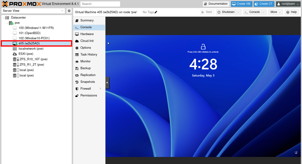 Proxmox VE Console showing a successfully imported and running Windows 11 VM after migration from ESXi.