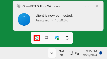 OpenVPN GUI notification confirming that the client is connected and has been assigned the VPN address 10.50.8.6
