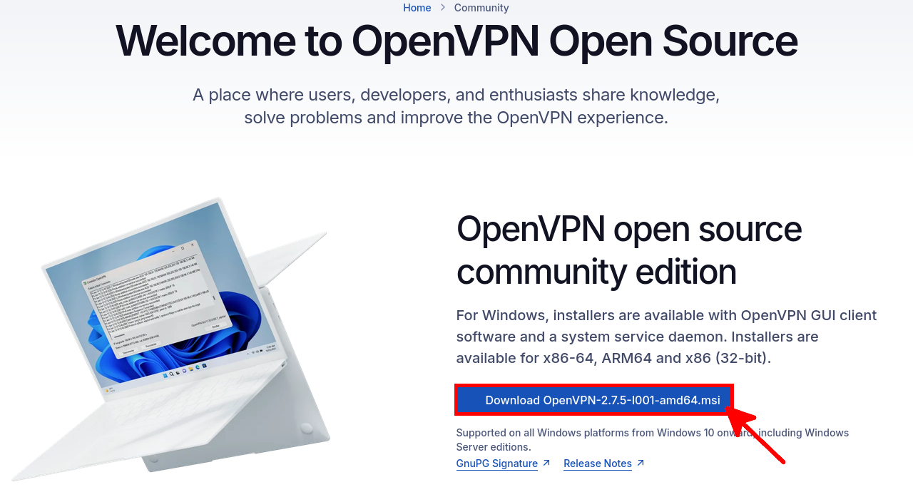OpenVPN Community Edition download page showing the 64-bit Windows MSI installer