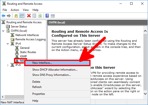 Routing and Remote Access console showing the IPv4 NAT context menu with the New Interface option highlighted