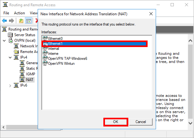 RRAS New Interface for Network Address Translation window showing Ethernet1 selected from the available network interfaces