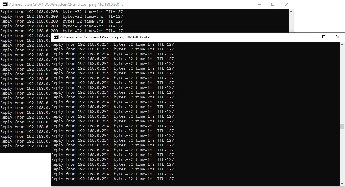 Two Windows Command Prompt windows showing successful ping replies from the OpenVPN server at 192.168.0.200 and the remote router at 192.168.0.254