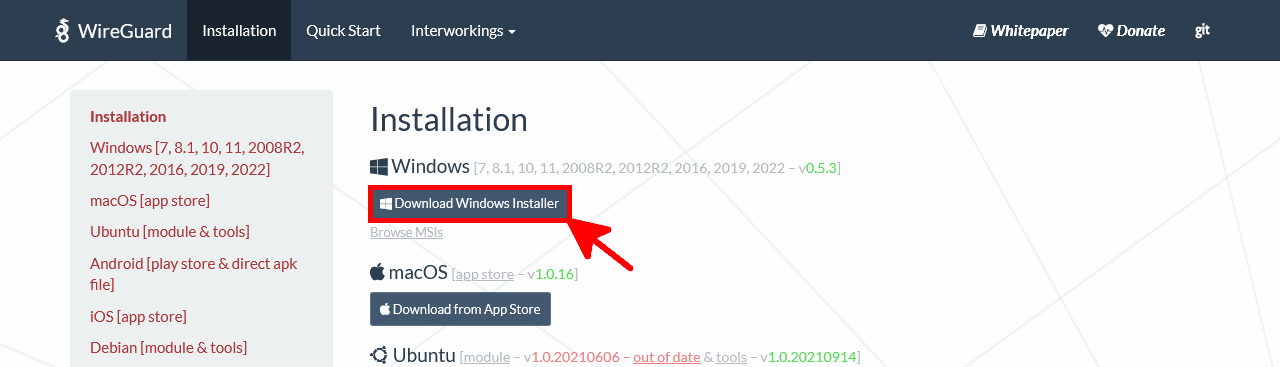 Screenshot of WireGuard official website highlighting the Windows installer download button