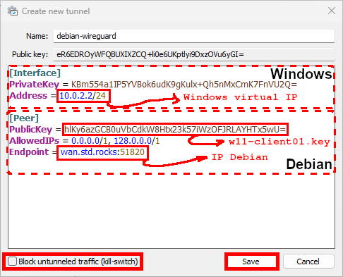WireGuard Windows interface showing manual configuration of a new tunnel including private key, peer public key, and endpoint