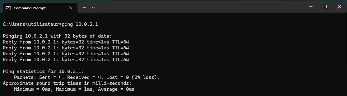 Windows command prompt successfully pinging the Debian WireGuard interface at IP 10.0.2.1